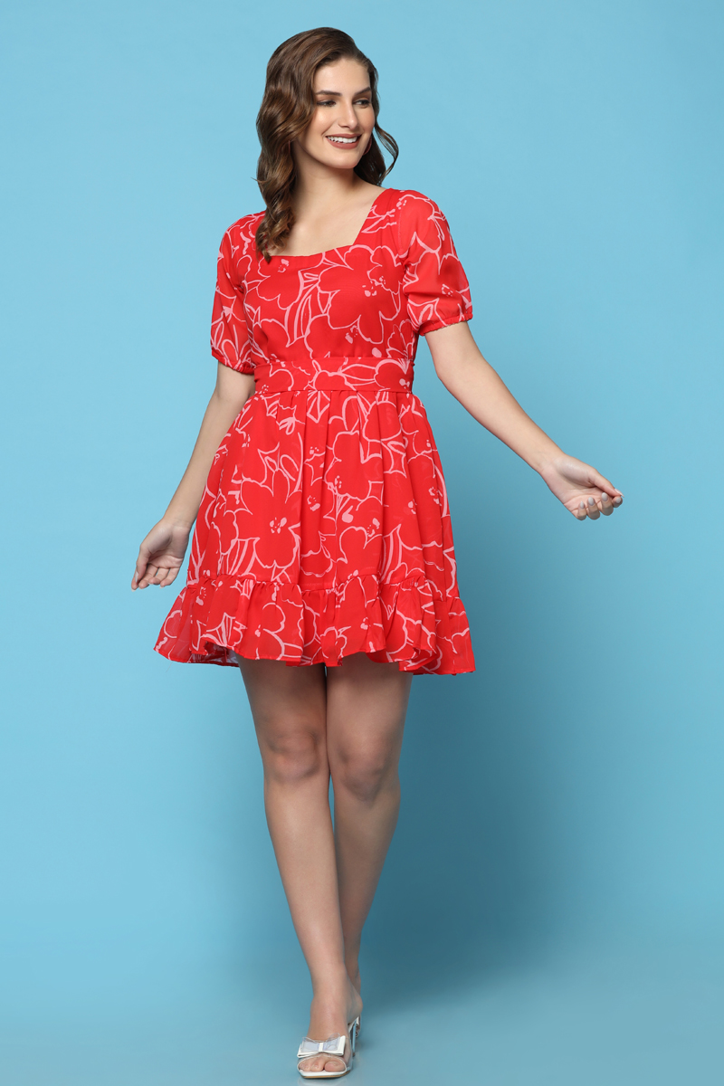 Buy Red Cotton Printed Party Wear Short Dress