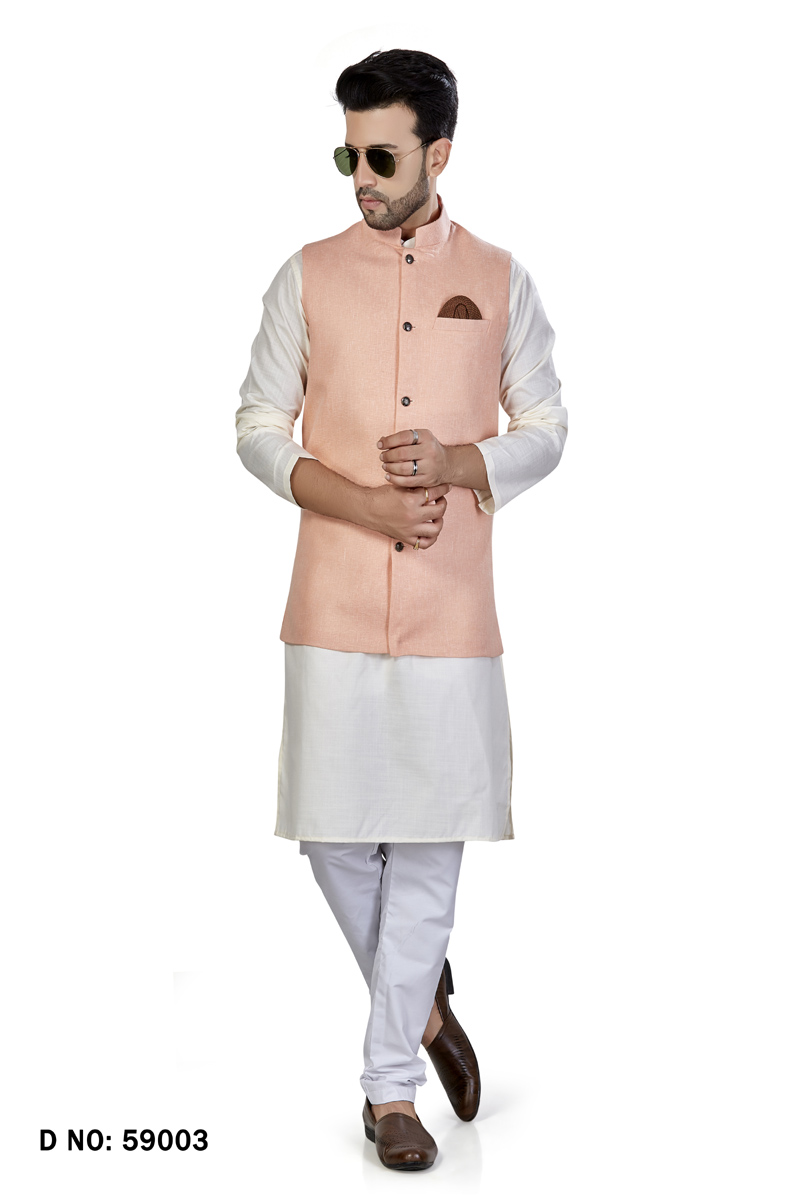 $52 - $64 - White Reception Linen Kurta Pajama With Jacket Online Shopping